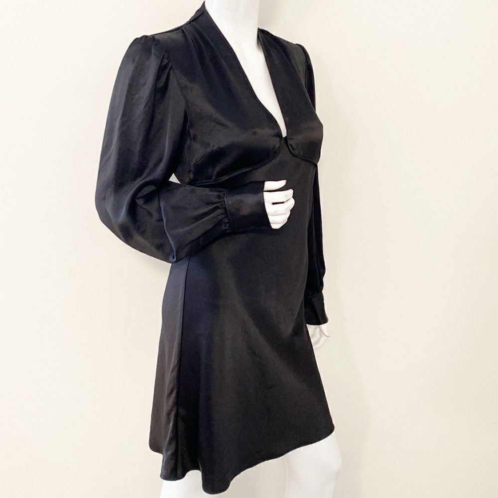 STAUD Rosenda Black Satin Long Sleeve Plunge Neckline Mini Dress FW 2023 Sample - Picture 4 of 9